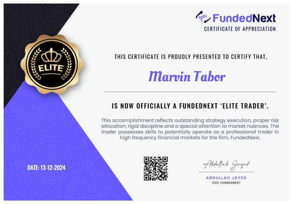 Certificate showing FundedNext challenge passed with TuniFX automated Forex EA, showcasing successful trading and risk management.