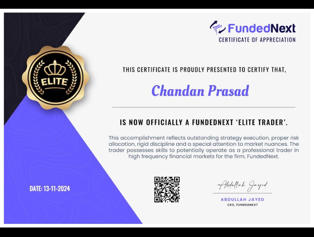 Certificate showing FundedNext challenge passed with TuniFX automated Forex EA, showcasing successful trading and risk management.