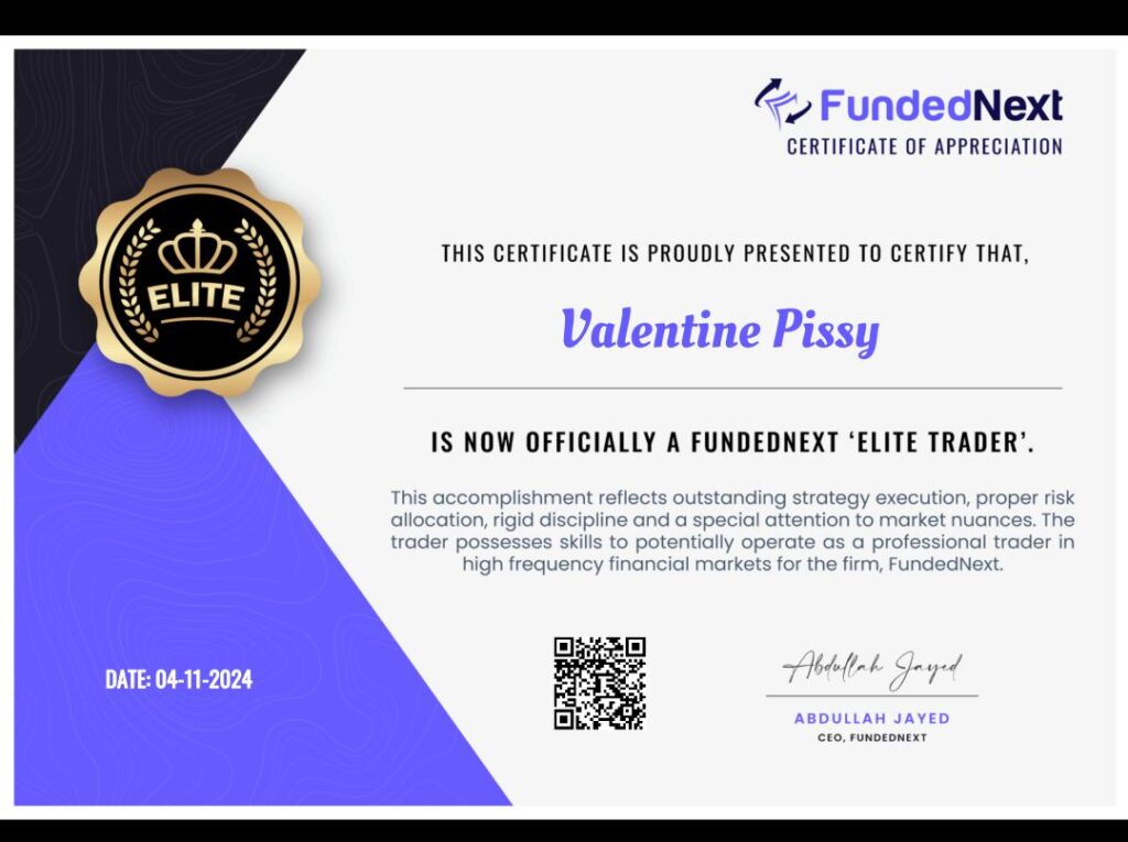 Certificate showing FundedNext challenge passed with TuniFX automated Forex EA, showcasing successful trading and risk management.