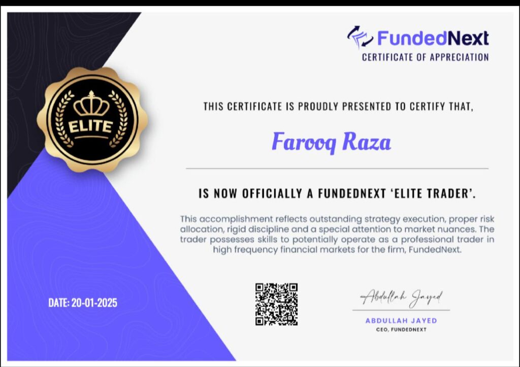 Certificate showing FundedNext challenge passed with TuniFX automated Forex EA, showcasing successful trading and risk management.