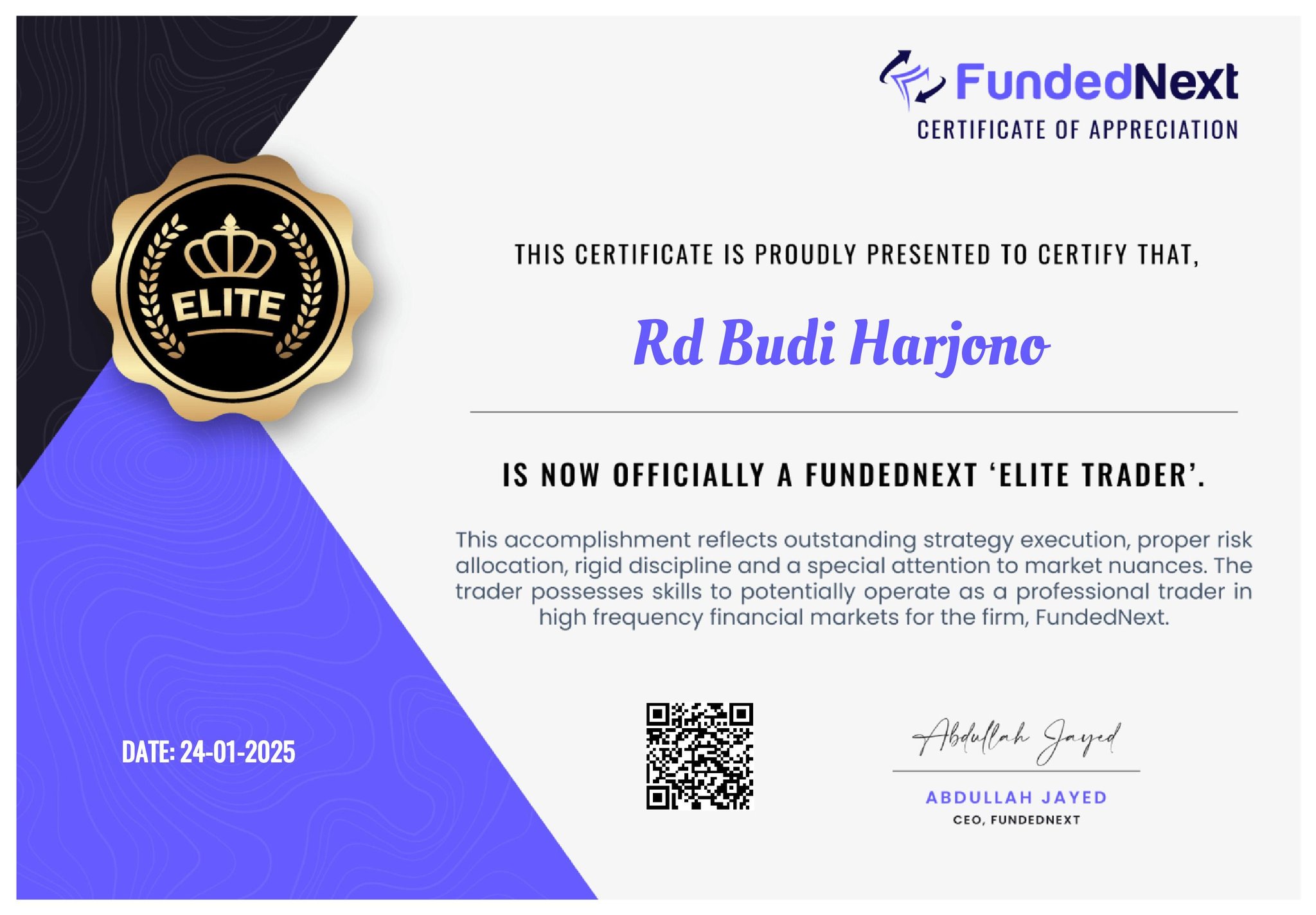 FundedNext challenge certificate earned with TuniFX Forex EA, proving its effectiveness for automated trading and consistent results.