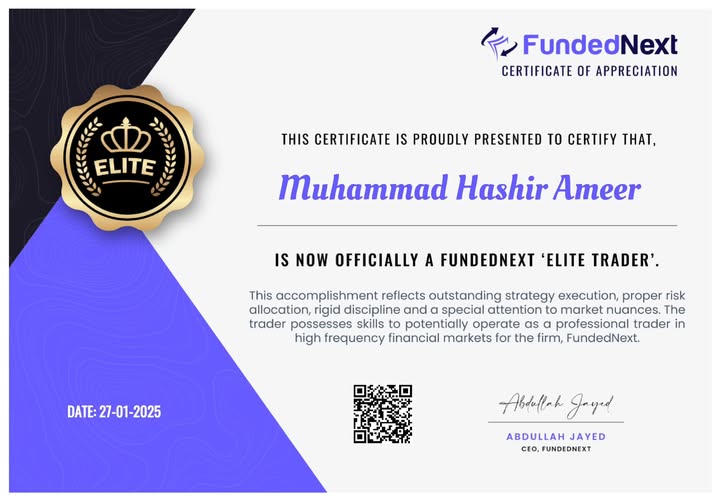 Certificate showing FundedNext challenge passed with TuniFX automated Forex EA, showcasing successful trading and risk management.